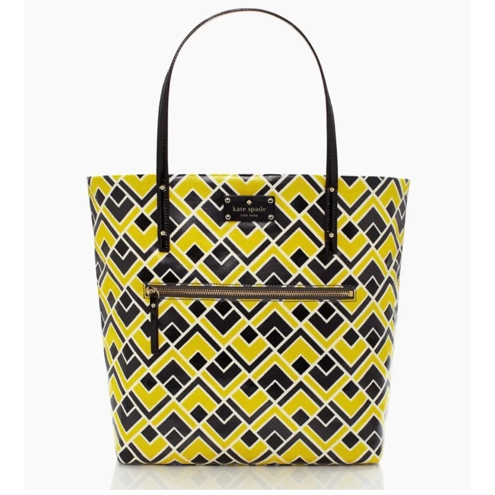 Kate Spade Bon Shopper Tote Flicker Fabric Yellow Black Print Shoulder Bag